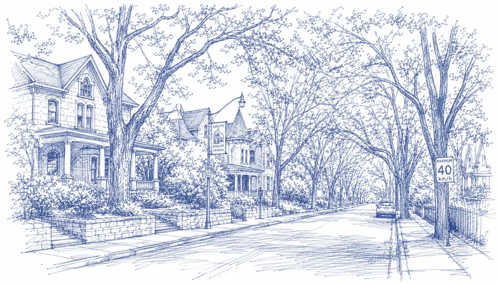 Blue ink illustration of a tree-lined residential street in Guelph
