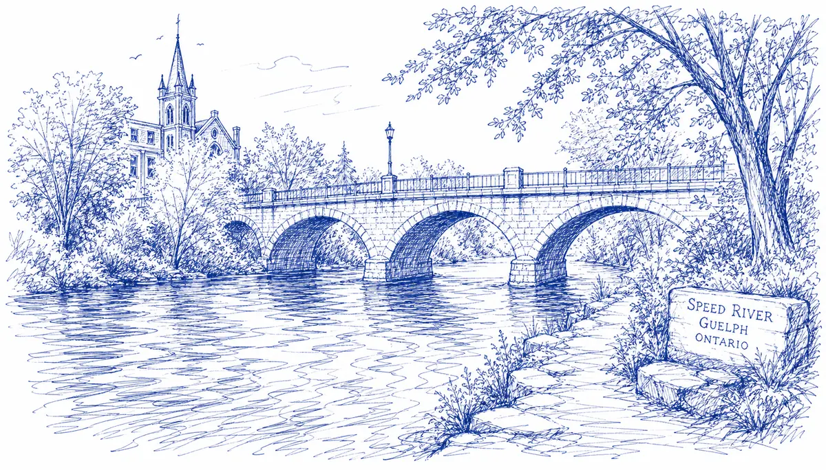 Blue ink illustration of the Speed River and a stone arch bridge in Guelph