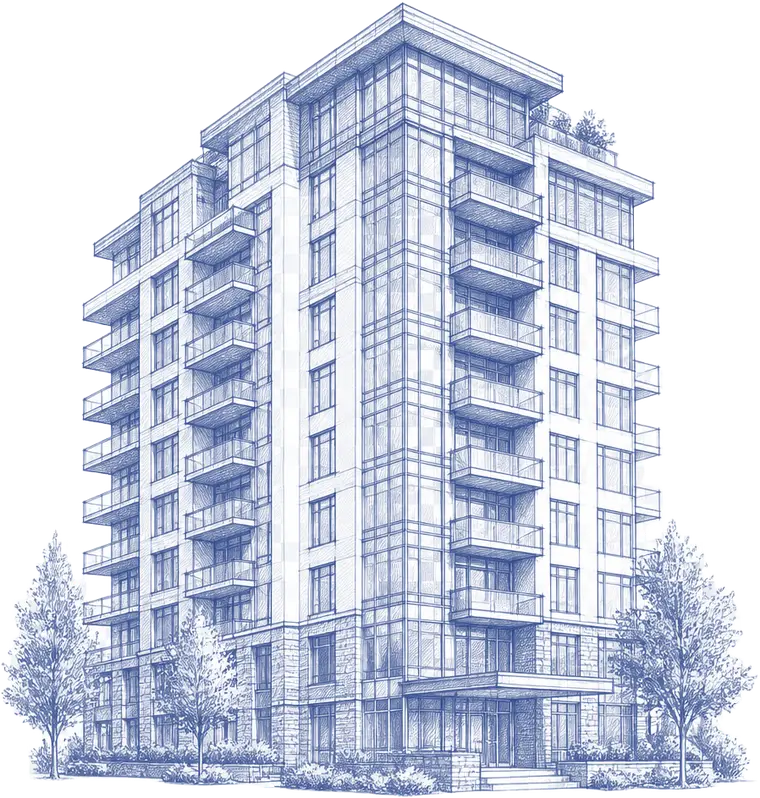 Blue ink illustration of a modern condominium building in Guelph, Ontario