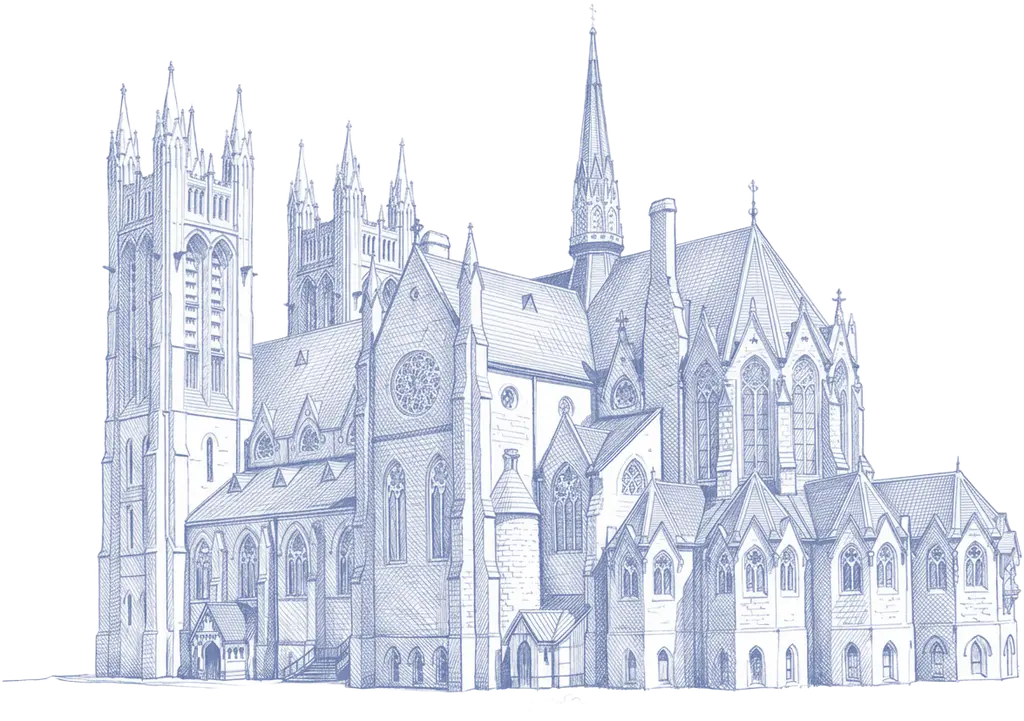 Blue ink illustration of Church of Our Lady Immaculate in Guelph, Ontario