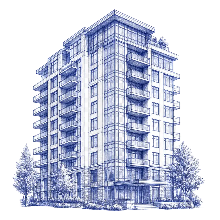 Blue ink illustration of a modern condominium building in Guelph, Ontario