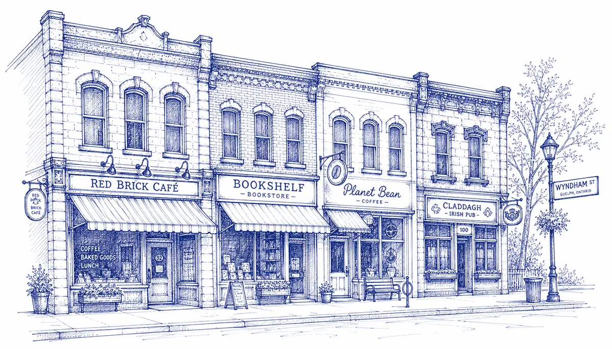 Blue ink illustration of heritage storefronts on Wyndham Street in downtown Guelph