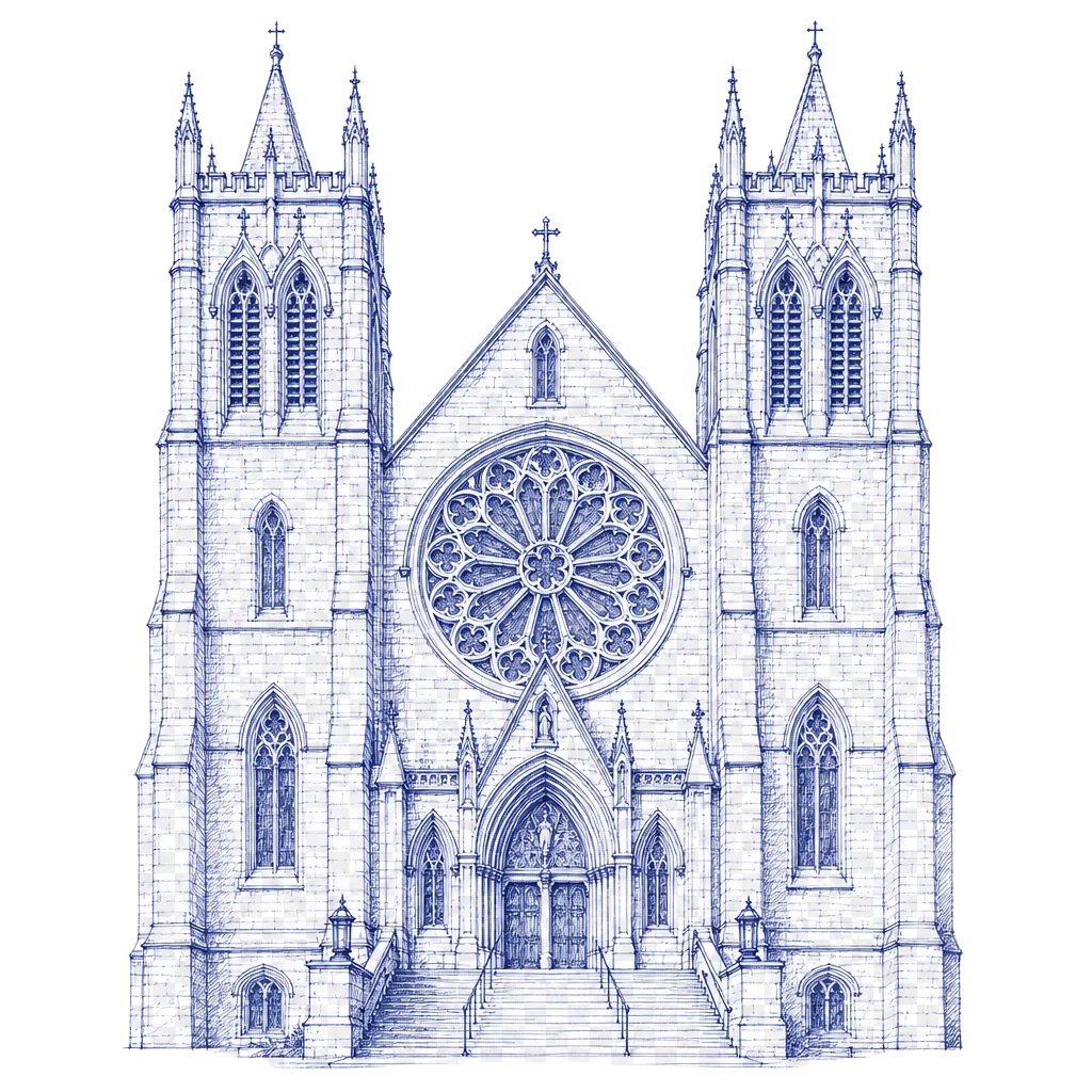 Blue ink illustration of Church of Our Lady Immaculate in Guelph, Ontario