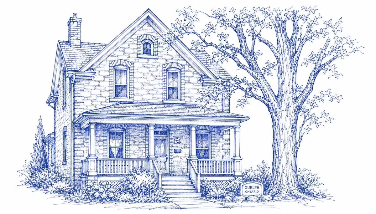 Blue ink illustration of a century limestone-and-brick home in Guelph