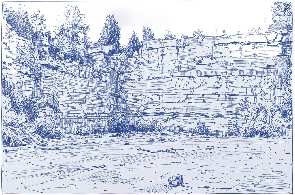Blue ink illustration of a Guelph limestone quarry cliff face with layered rock strata and trees above